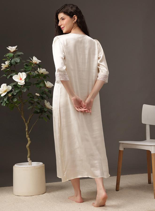 Clovia Women White Satin Nightdress with Lace Trim - Image 5